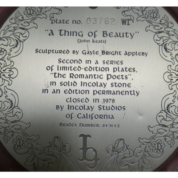Vintage 1978 Solid Incolay Stone "A Thing of Beauty" 3D Decorative Plate - Picture 6 of 8
